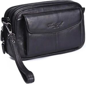 Sleek Black Leather Toiletry Bag with Wrist Strap